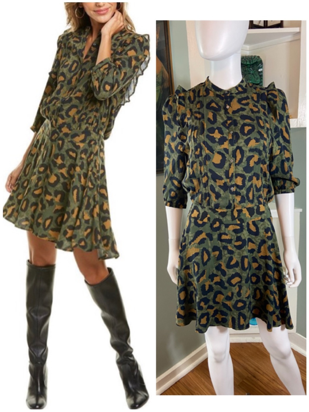 Zadig & Voltaire Olive Green Leopard-Print Mini Dress